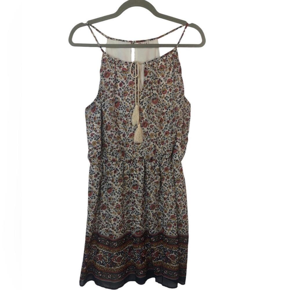 AUW Dress Drawstring Skinny Straps Back Button Floral Border Print Lined